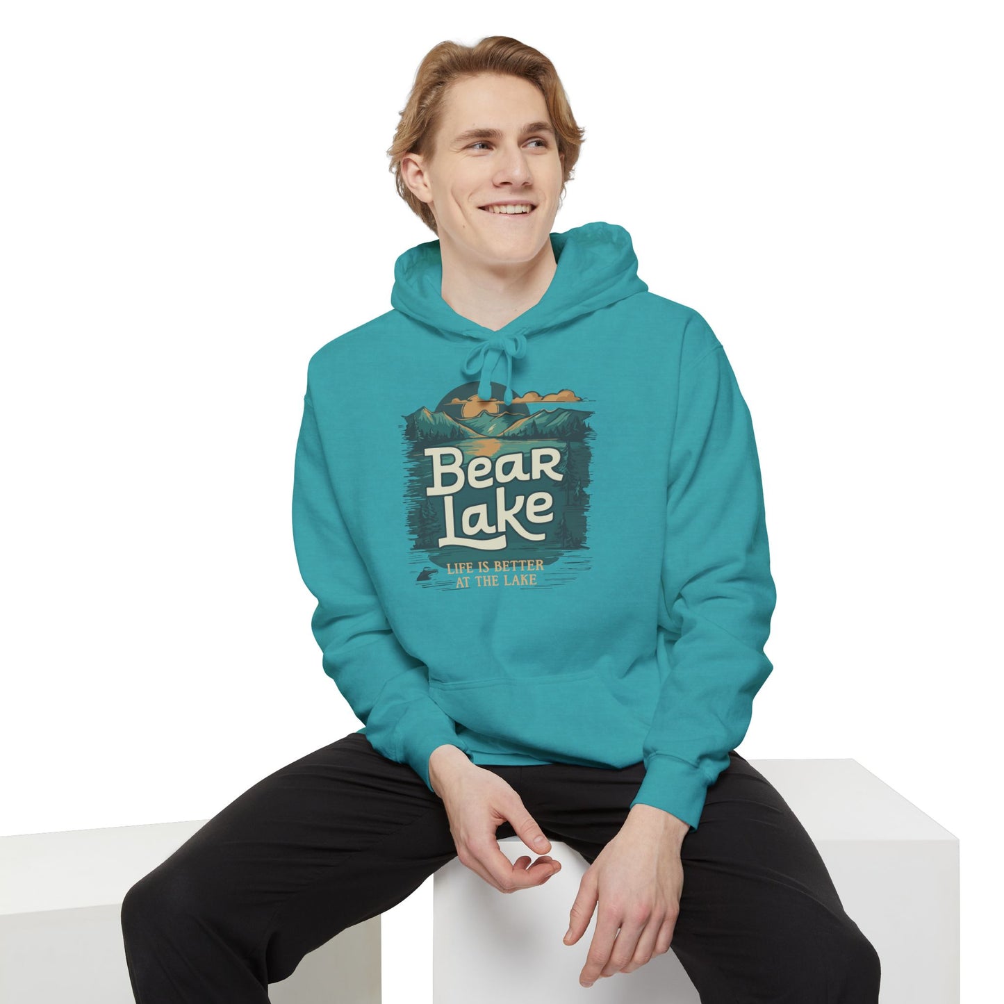 Bear Lake Scenic Mountain View Unisex Garment-Dyed Pullover Hoodie Hooded Sweatshirt with Utah Idaho Vacation Destination