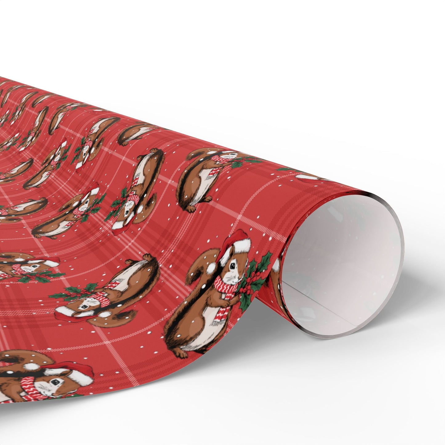 Christmas Squirrel Wrapping Paper, Red Plaid Glossy Holiday Gift Wrap Roll, Xmas Squirrels Festive Winter Gifts Supplies