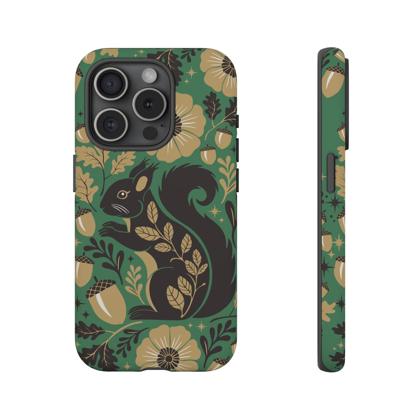 Green Squirrel Floral Pattern Cell Phone Case | Botanical Folk Art Acorn Leaves Design, Iphone Google Pixel Samsung Cases Matte Finish