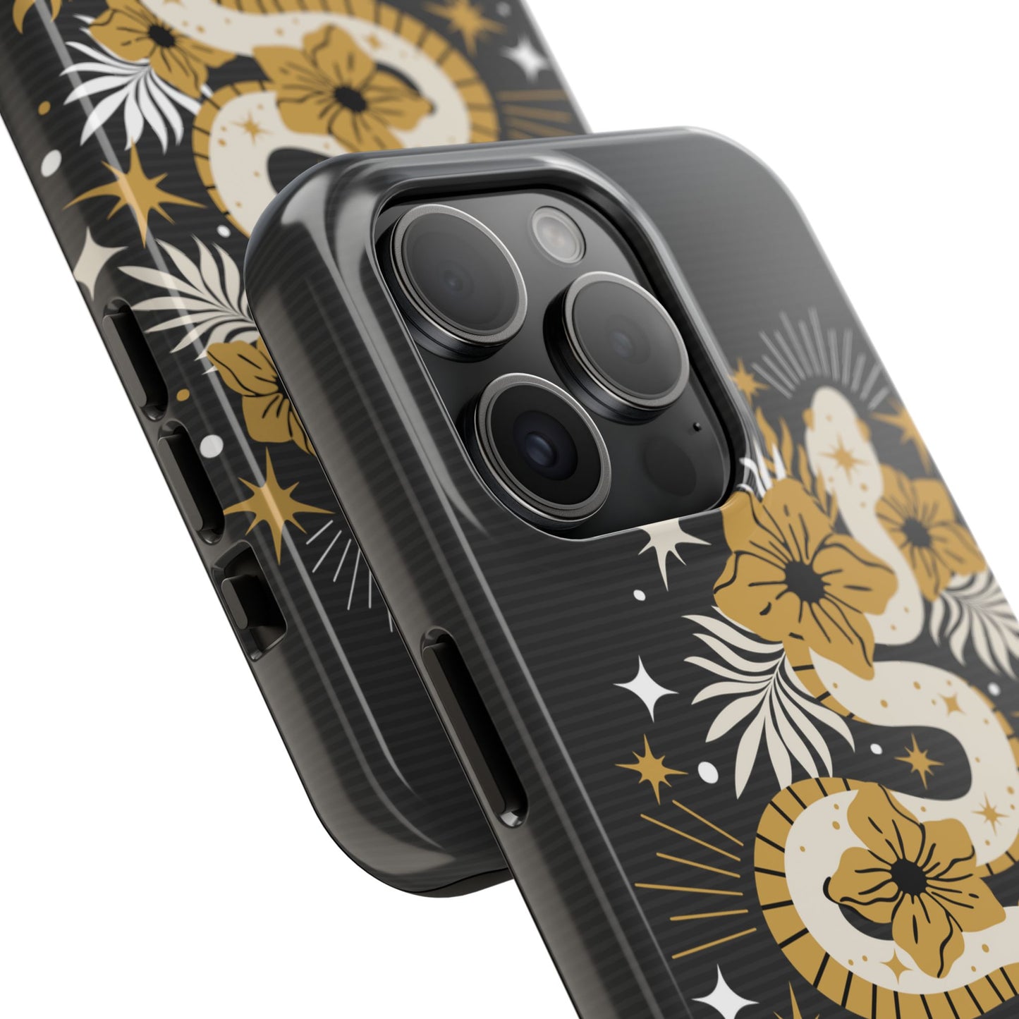 Mystic Snake Cell Phone Case, Black Tough Cases, Protective Floral Golden Serpent Boho Design