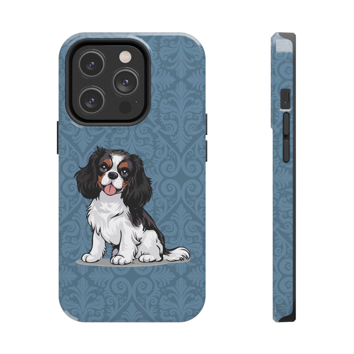 Tricolor Cavalier King Charles Spaniel Dog Phone Case, Tough Phone Cases Pet Dogs Blue Pattern