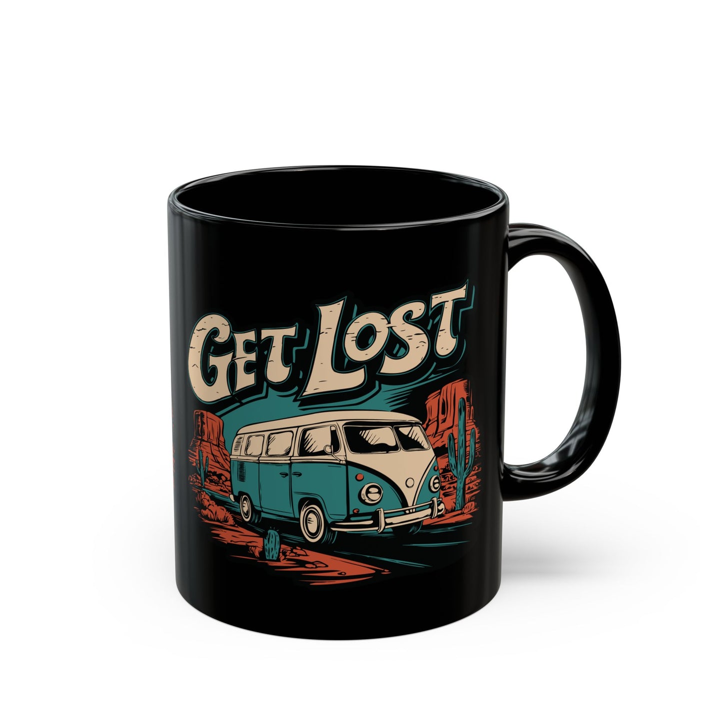 Get Lost Vintage Van Vanlife Utah Arizona Desert Roadtrip Black Coffee Mug 11oz with Retro Camper Print