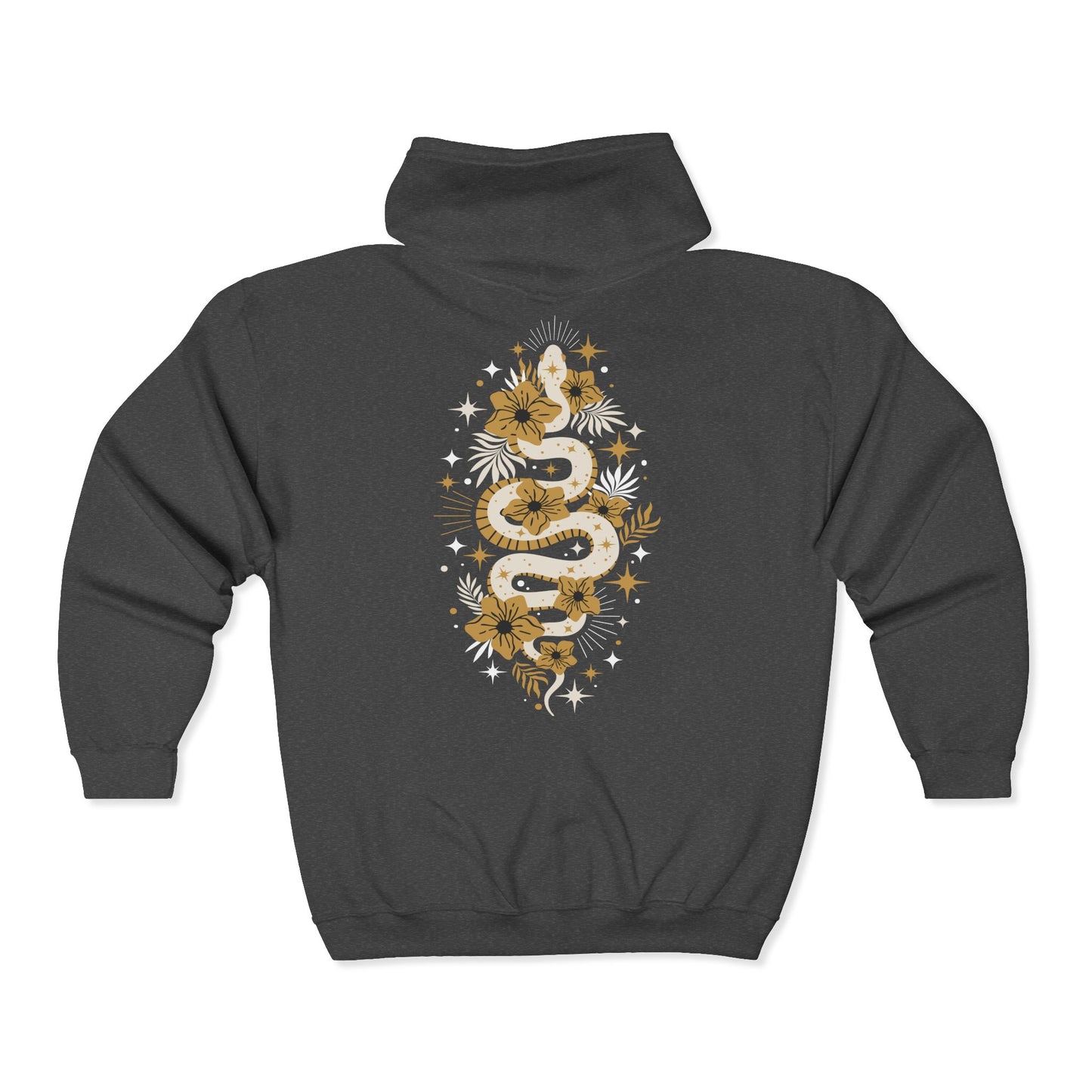 Mystic Gold Snake Black Zip Up Hoodie - Full Zip Hooded Sweatshirt Jacket, Boho Floral Serpent Design Zipper Hoodies Mens Womens Sweatshirts