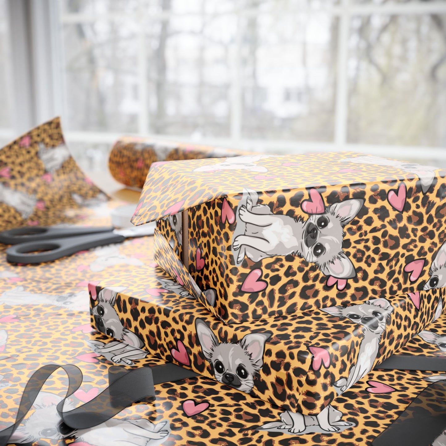 Chihuahua Love Leopard Print Wrapping Paper, Chihuahuas Dog & Hearts Cheetah Pattern Gift Wrap, Birthday Valentine's Day Gifts