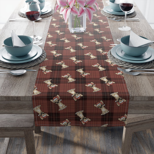 Festive Chihuahua Dog Holiday Table Runner, Christmas Home Decor, Santa Chihuahuas Dining Tablecloth Linens, Plaid Table Setting Runners