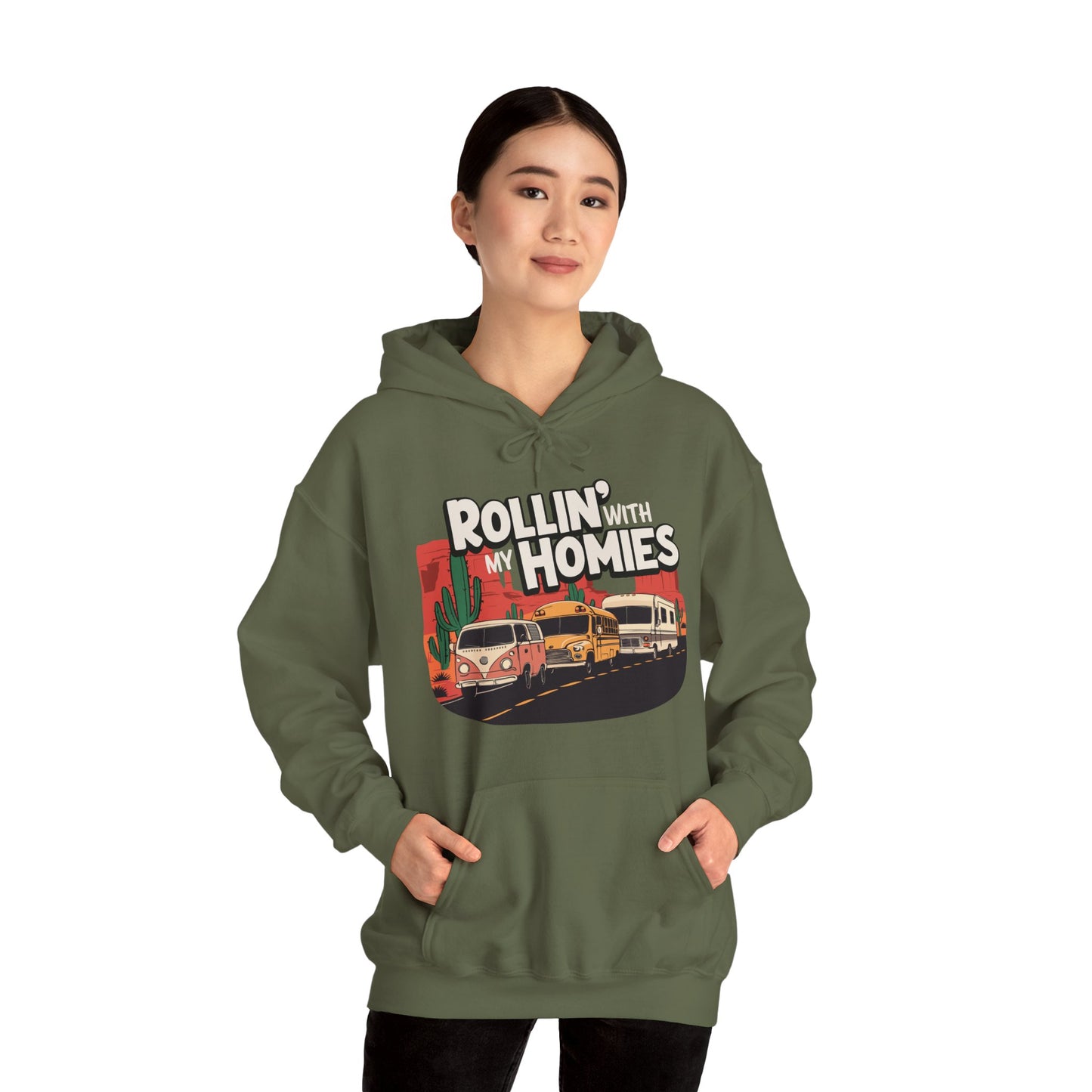 Rollin' With My Homies Hoodie Van Skoolie RV Vanlife Caravan in the Desert Black Long Sleeve Pullover Hoodies Hooded Sweatshirt