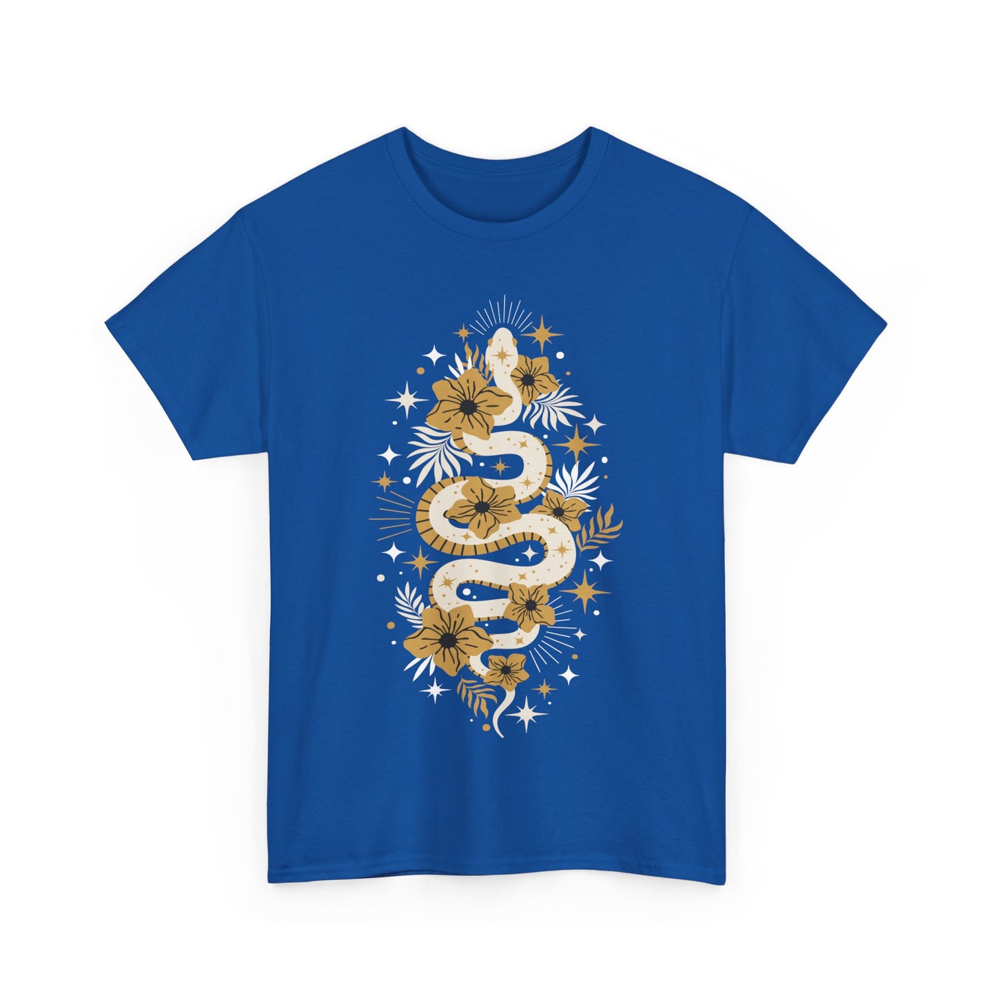 Boho Golden Snake Stars Flowers Cotton Tee, Unisex T-Shirt, Hippie Graphic Print Shirt, Bohemian Festival Top, Celestial Serpent Tee