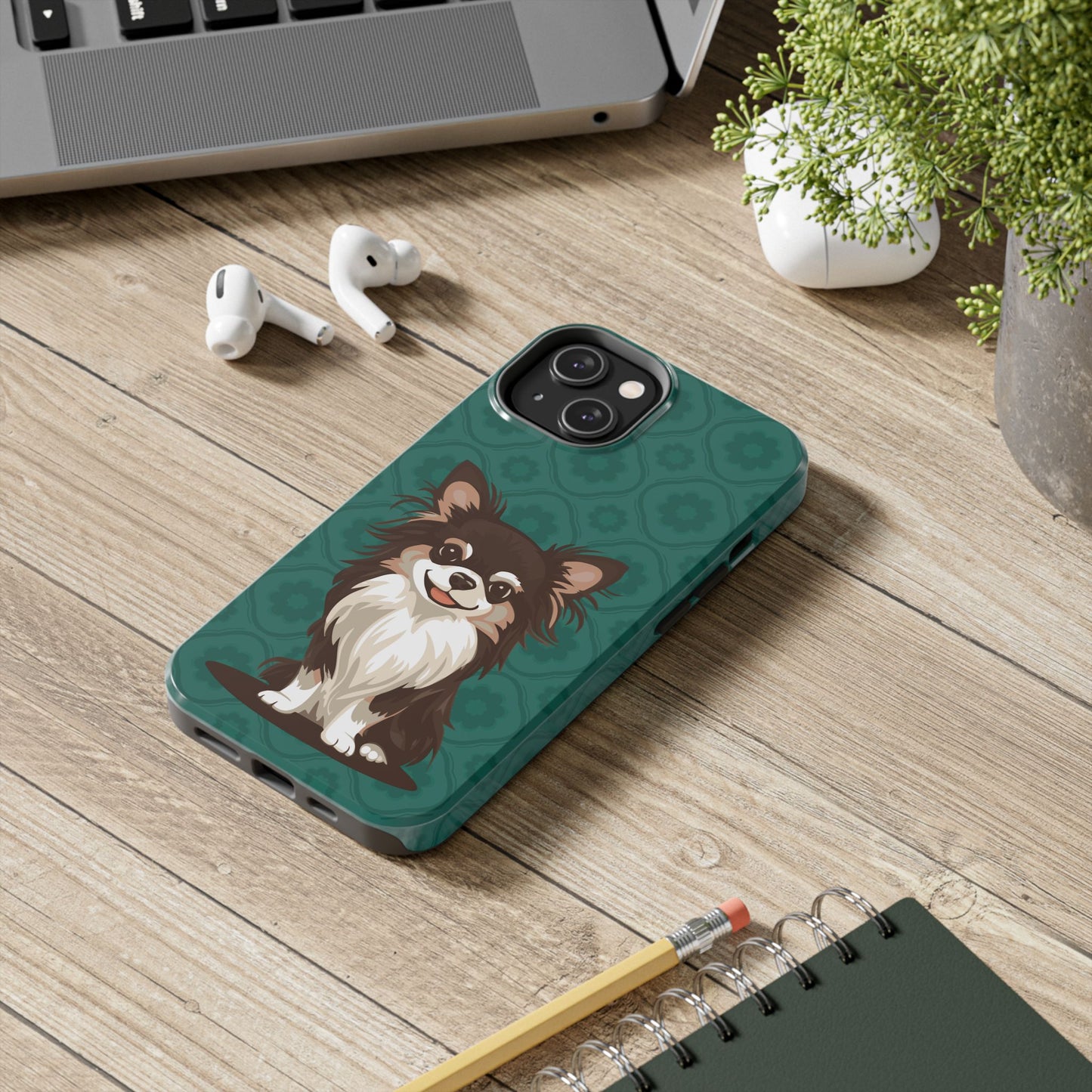 Long Haired Chihuahua Dog Phone Case, Tough Phone Cases Pet Dogs Teal Pattern