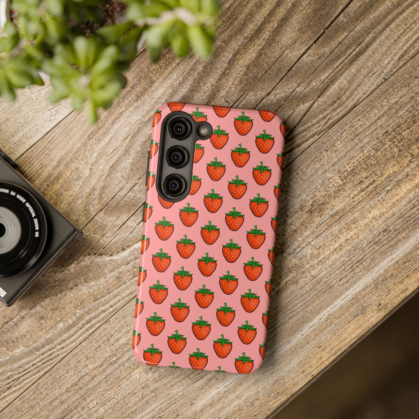 Strawberry Pattern Tough Phone Case, Cute Pink Berry Fruit Strawberries Design Cell Phone Cases