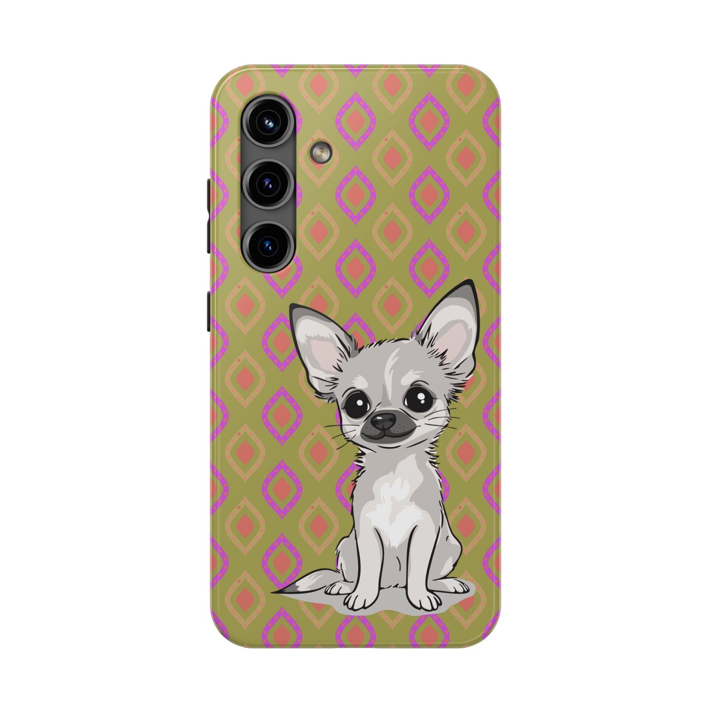 White Chihuahua Puppy Dog Phone Case, Tough Phone Cases Pet Dogs Retro Green  Pattern
