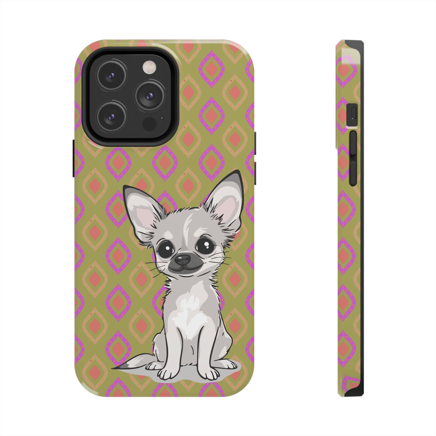 White Chihuahua Puppy Dog Phone Case, Tough Phone Cases Pet Dogs Retro Green  Pattern