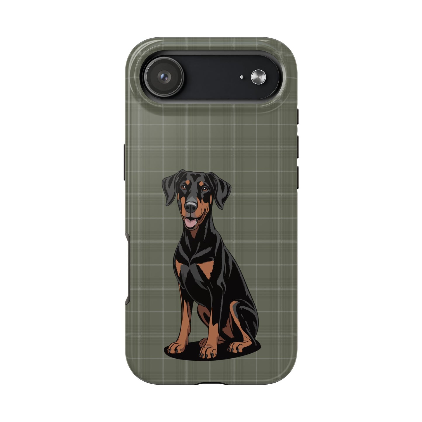 Doberman Pinscher Dog Phone Case, Tough Phone Cases Pet Dogs Green Plaid Pattern