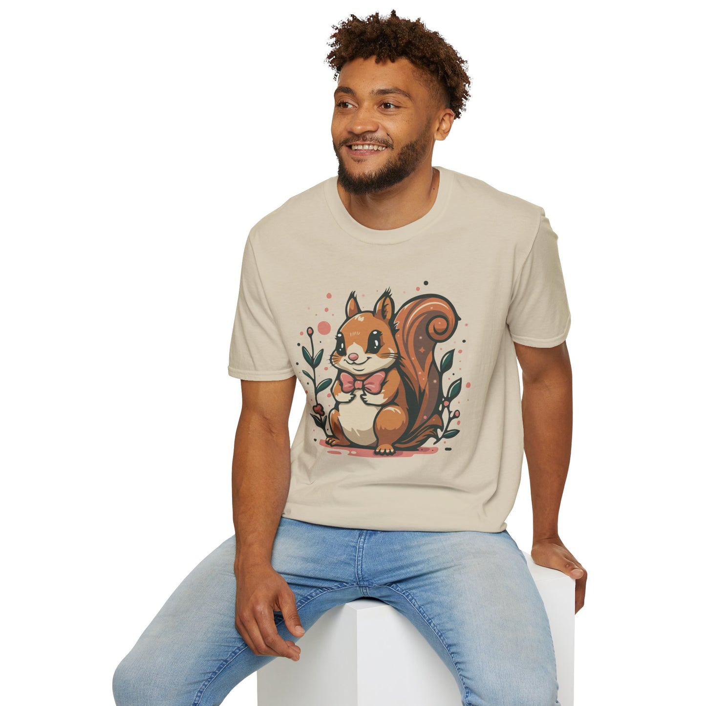 Woodland Squirrel Soft Style T-Shirt - Cute Squirrel with Bowtie and Flowers on Soft Unisex Tee