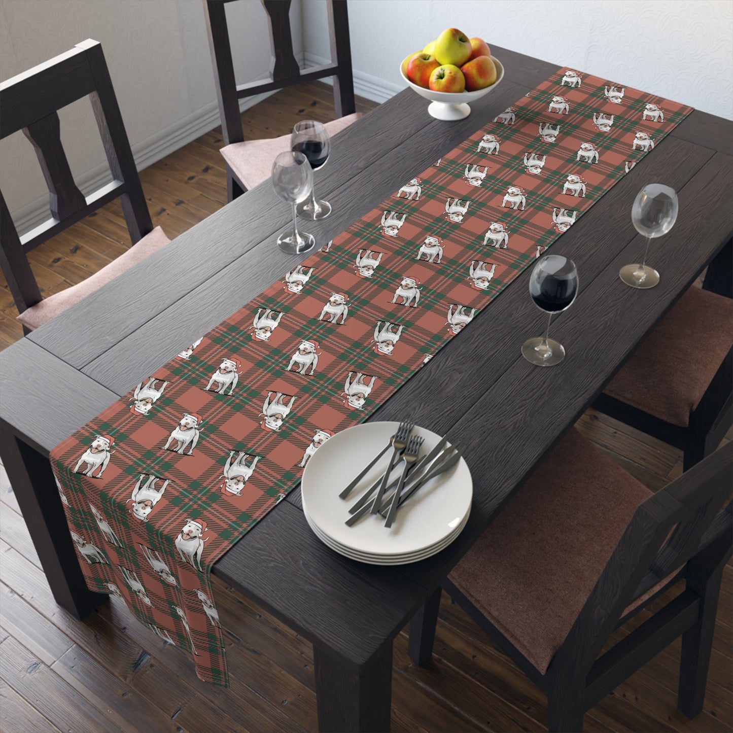 Festive American Pit Bull Terrier Dog Holiday Table Runner, Christmas Home Decor, Dining Tablecloth Linens, Plaid Table Setting Runners