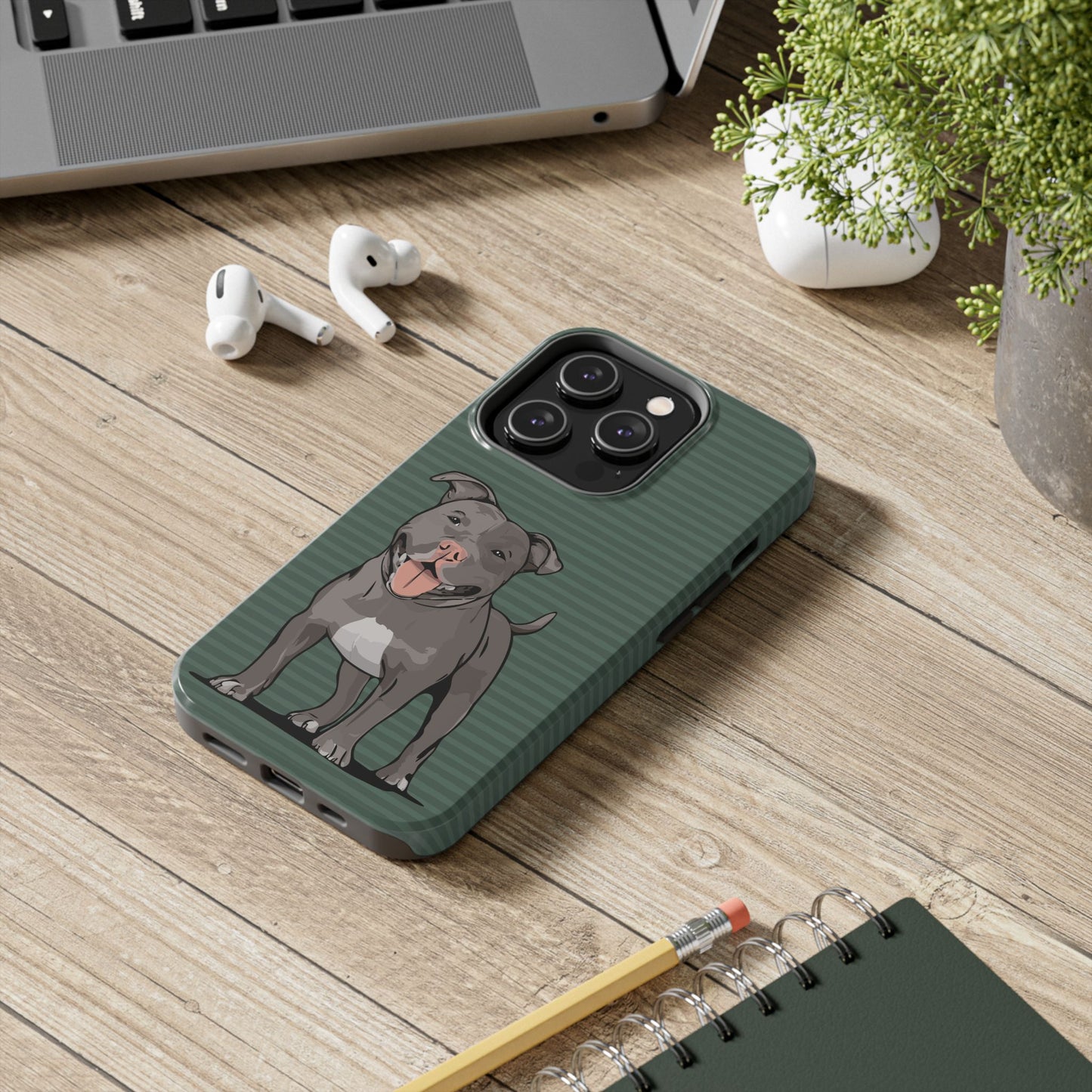 Gray Pit Bull Terrier Dog Phone Case, Tough Phone Cases Pet Pitbull Dogs Green Stripe Pattern