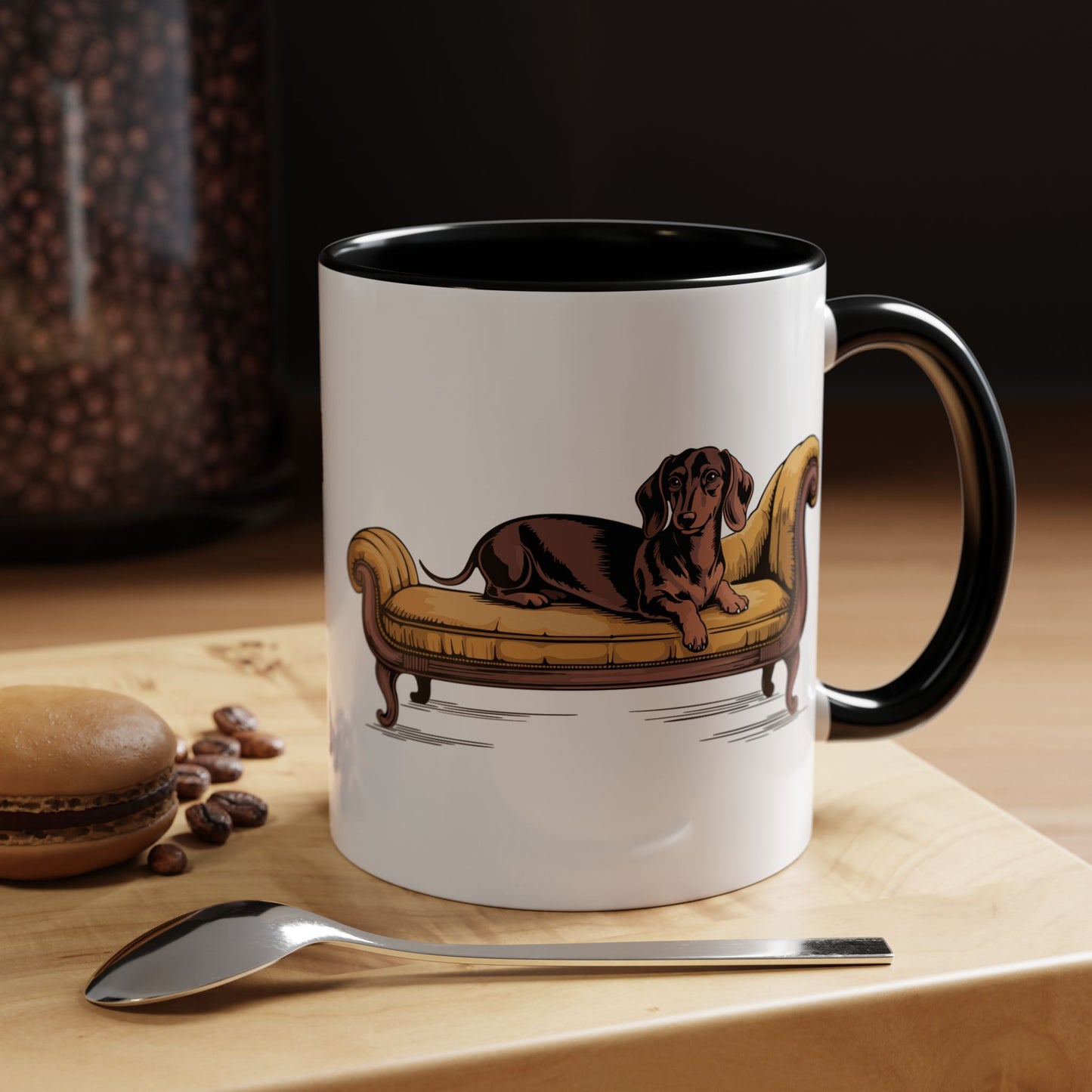 Dachshund Dog on Vintage Yellow Chaise Lounge Mug | Wiener Dogs Black Accent Ceramic Coffee Mugs
