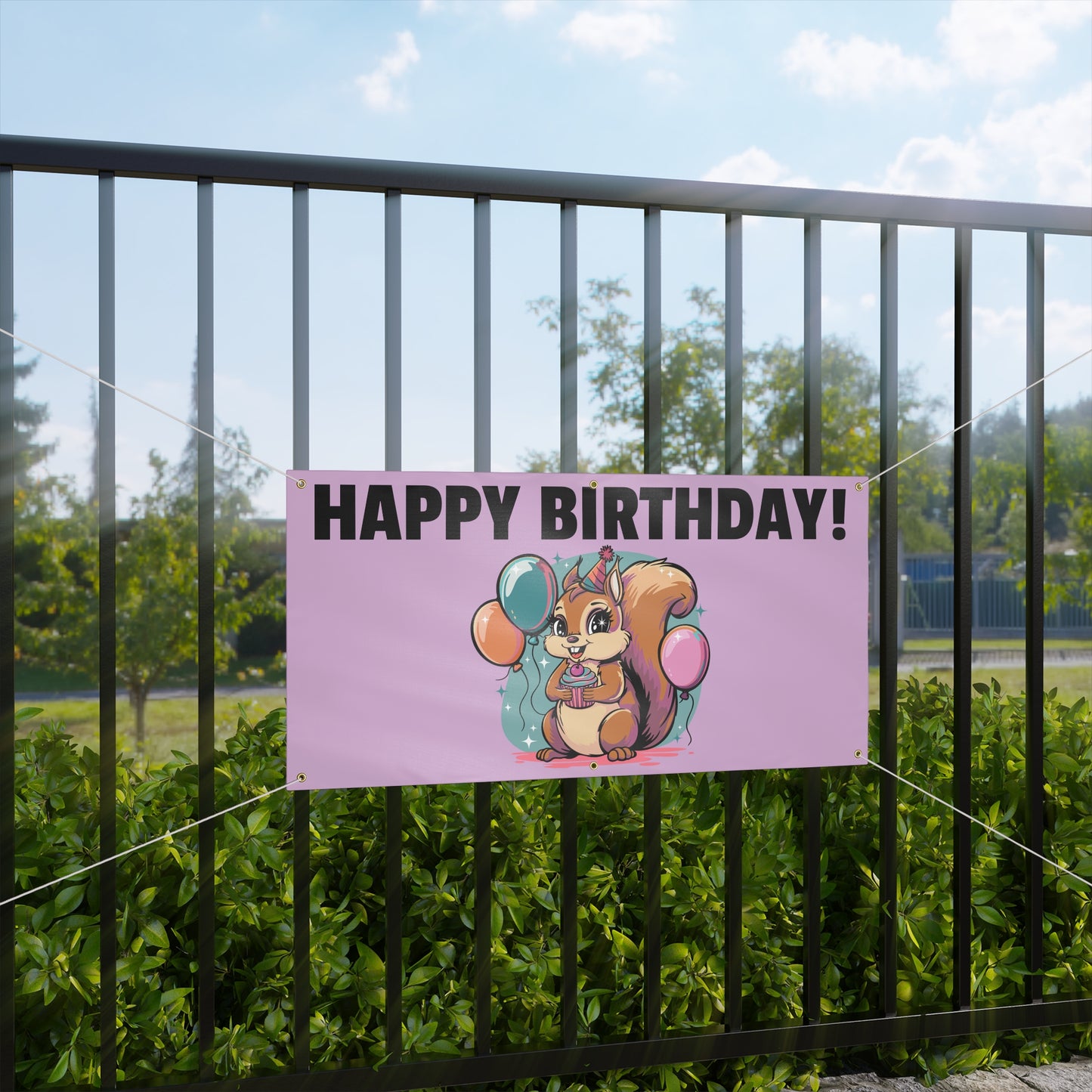 Happy Birthday Party Squirrel Banner Sign Purple Squirrels Balloons Cupcake Celebration Squirrels B-day Banners Decorations
