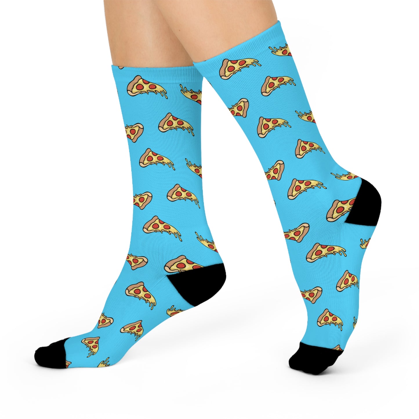 Pepperoni Pizza Slice Cushioned Crew Socks, Fun Novelty Turquoise Cheese Pizza Slices Socks, Cheesy Pizzas Pattern