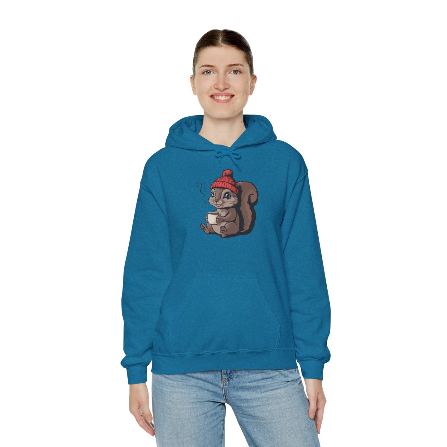 Cozy Squirrel  Pullover Hoodie Unisex Heavy Blend Hooded Sweatshirt with Squirrel in Beanie with Cup Of Coffee Graphic Print