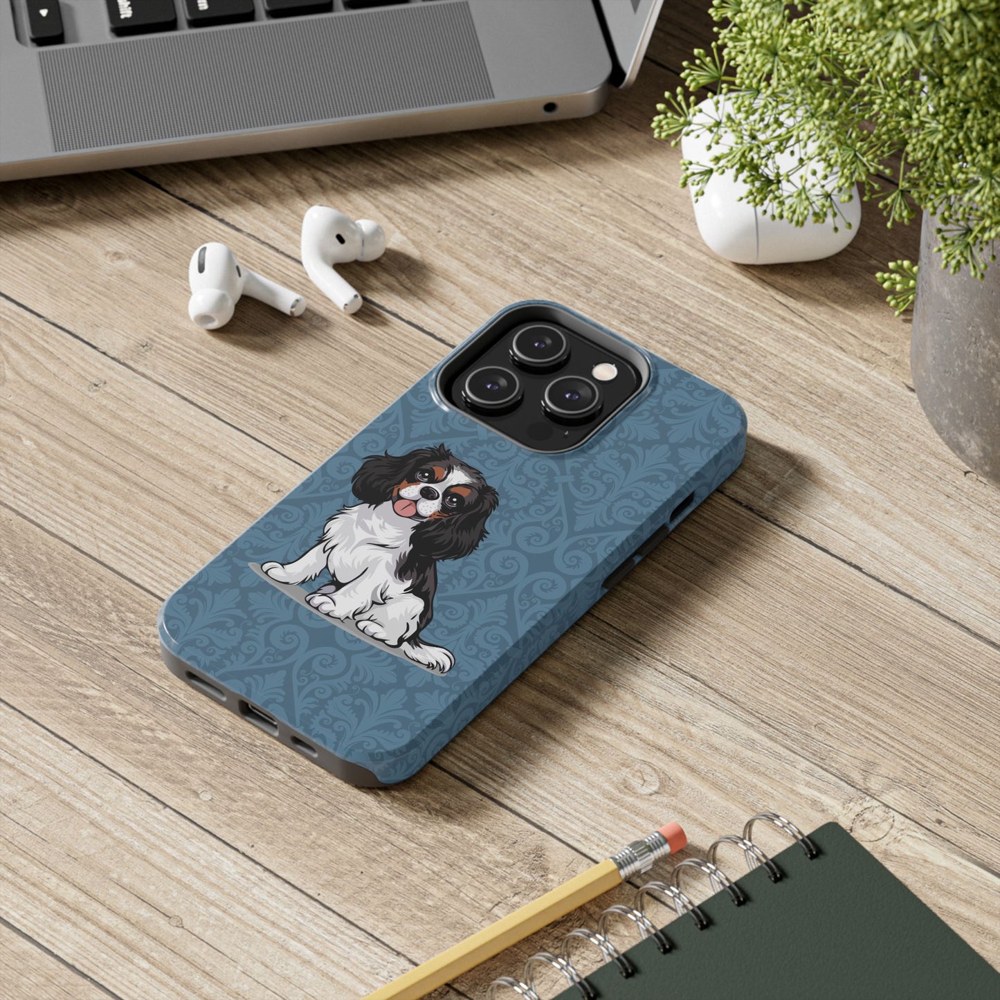 Tricolor Cavalier King Charles Spaniel Dog Phone Case, Tough Phone Cases Pet Dogs Blue Pattern