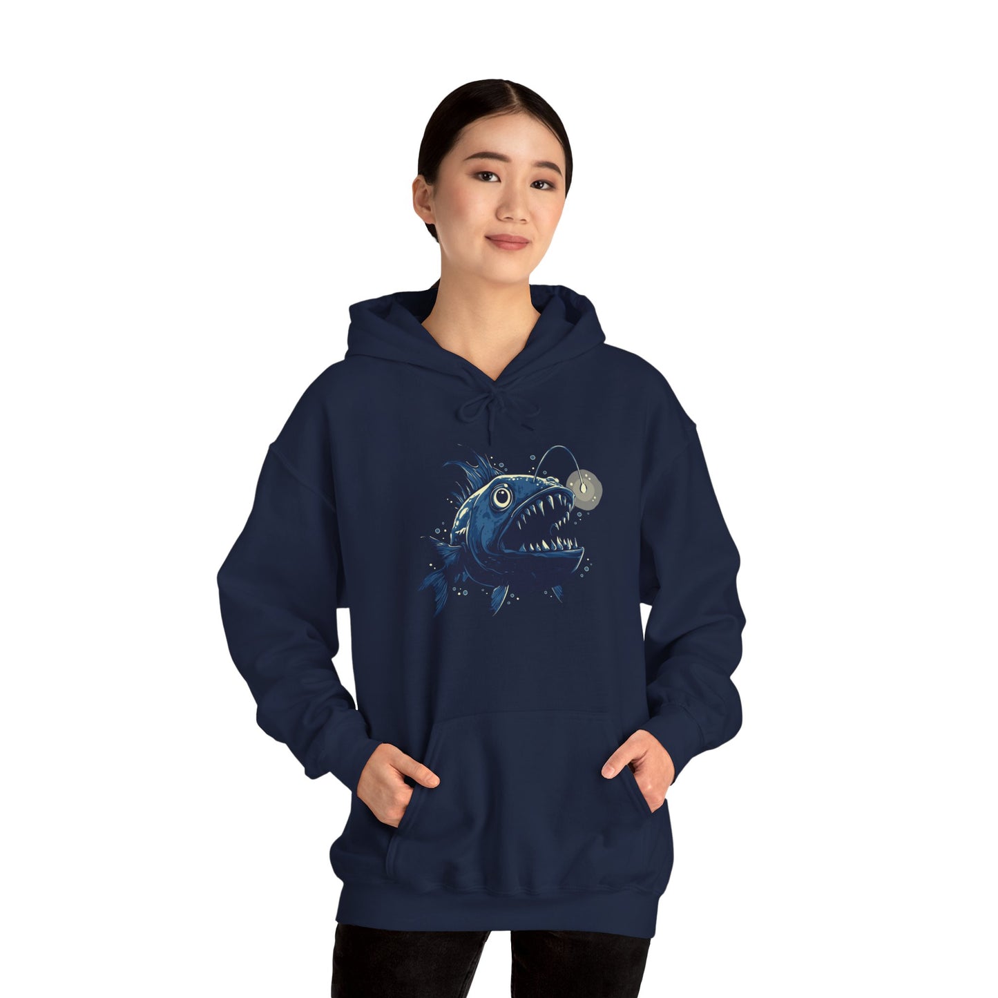 Deep Sea Anglerfish Glow Hoodie, Ocean Life Angler Fish Bioluminescent Lure Hooded Sweatshirt - Mens Womens Unisex