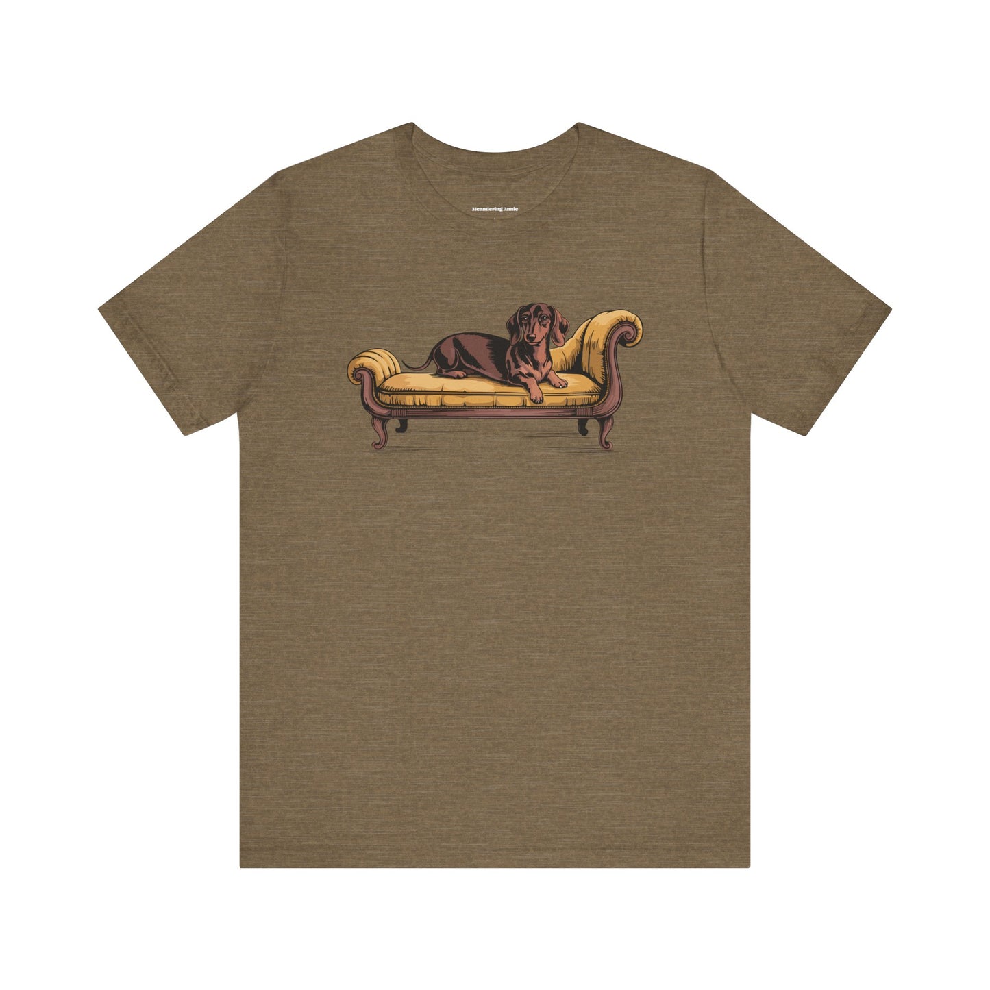 Dachshund Dog on Vintage Chaise Lounge T-Shirt | Wiener Dogs Sofa Illustration Short Sleeve Cotton Tee Shirts
