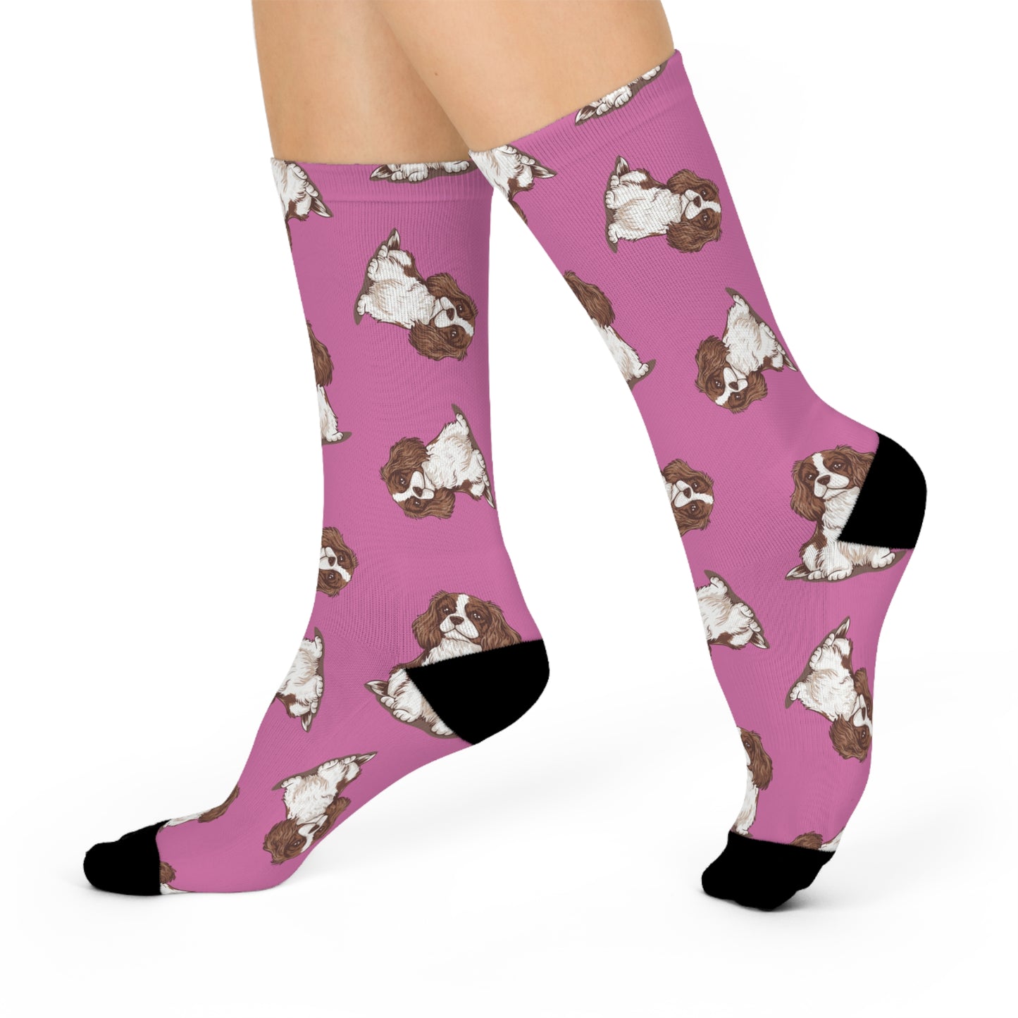 Blenheim Cavalier King Charles Spaniel Dog Pattern Pink Cushioned Crew Socks with Pet Dogs Cavalier Puppy Print