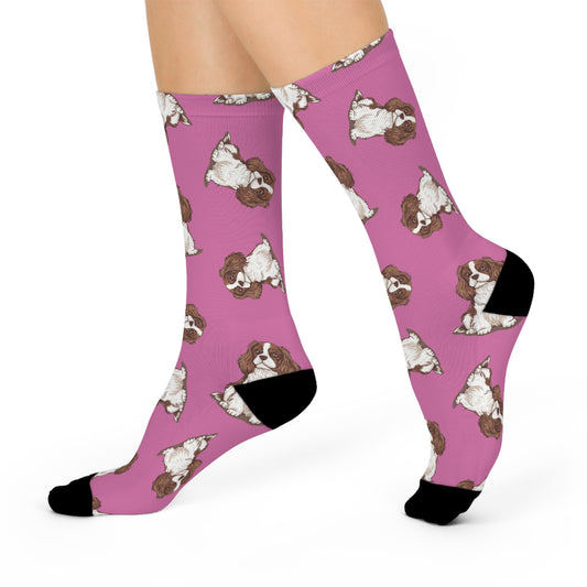 Blenheim Cavalier King Charles Spaniel Dog Pattern Pink Cushioned Crew Socks with Pet Dogs Cavalier Puppy Print