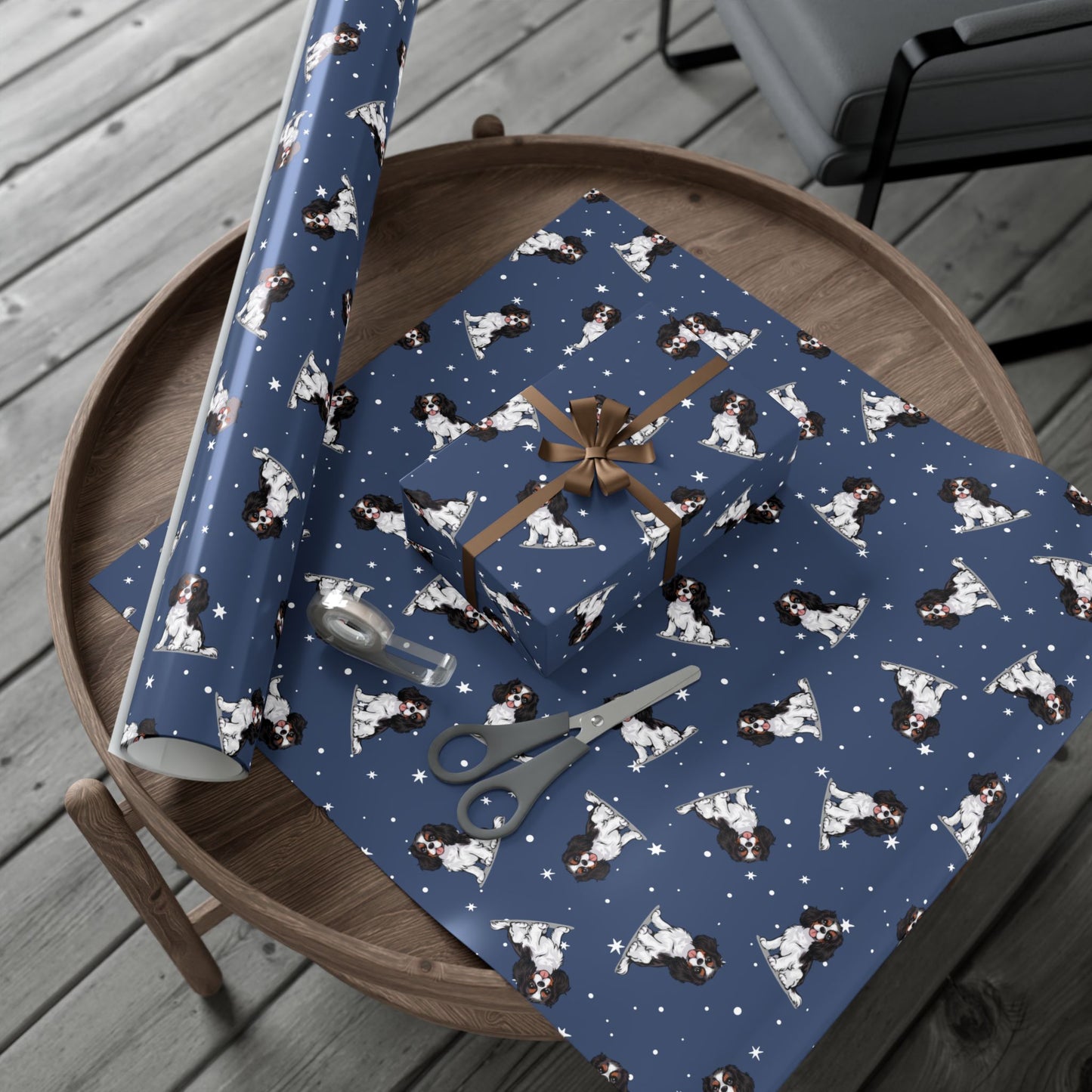 Tricolor Cavalier King Charles Spaniel Dog Wrapping Paper, Puppy Dogs Print, Navy Blue Gift Wrap, Birthday Anniversary Holiday