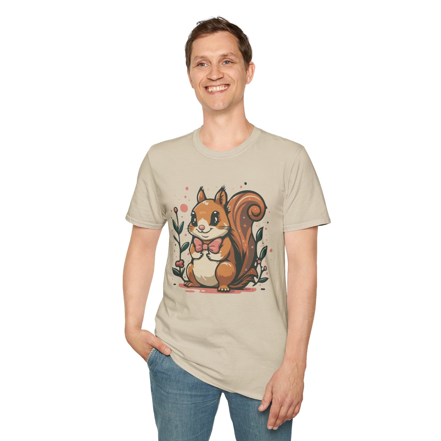 Woodland Squirrel Soft Style T-Shirt - Cute Squirrel with Bowtie and Flowers on Soft Unisex Tee