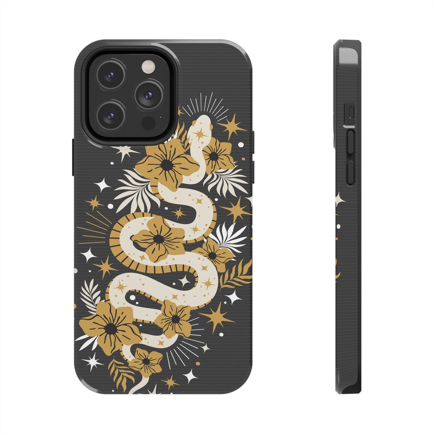 Mystic Snake Cell Phone Case, Black Tough Cases, Protective Floral Golden Serpent Boho Design