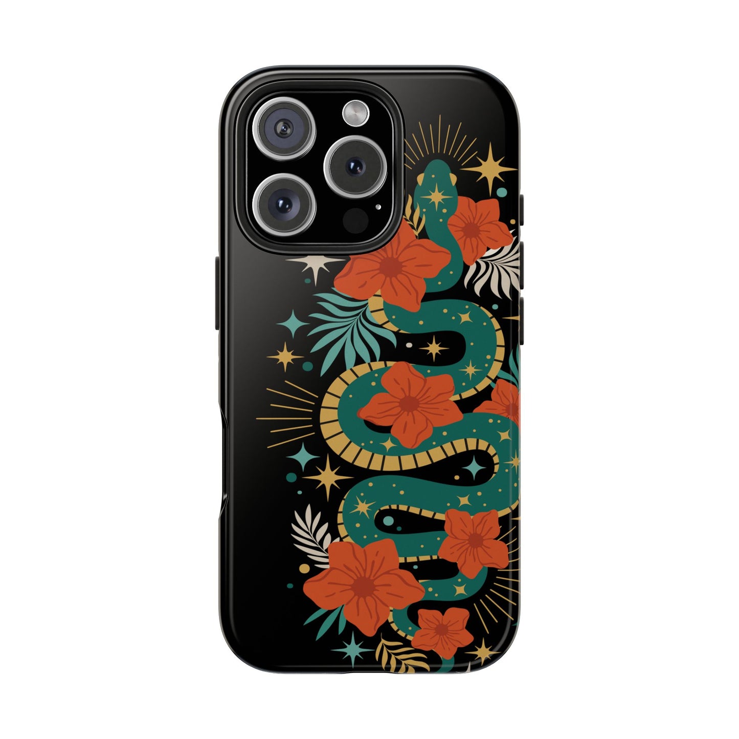 Mystic Snake Cell Phone Case, Black Tough Phone Cases Boho Serpent Snakes Floral Design