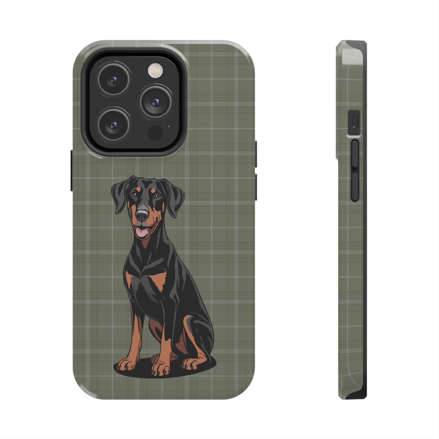 Doberman Pinscher Dog Phone Case, Tough Phone Cases Pet Dogs Green Plaid Pattern