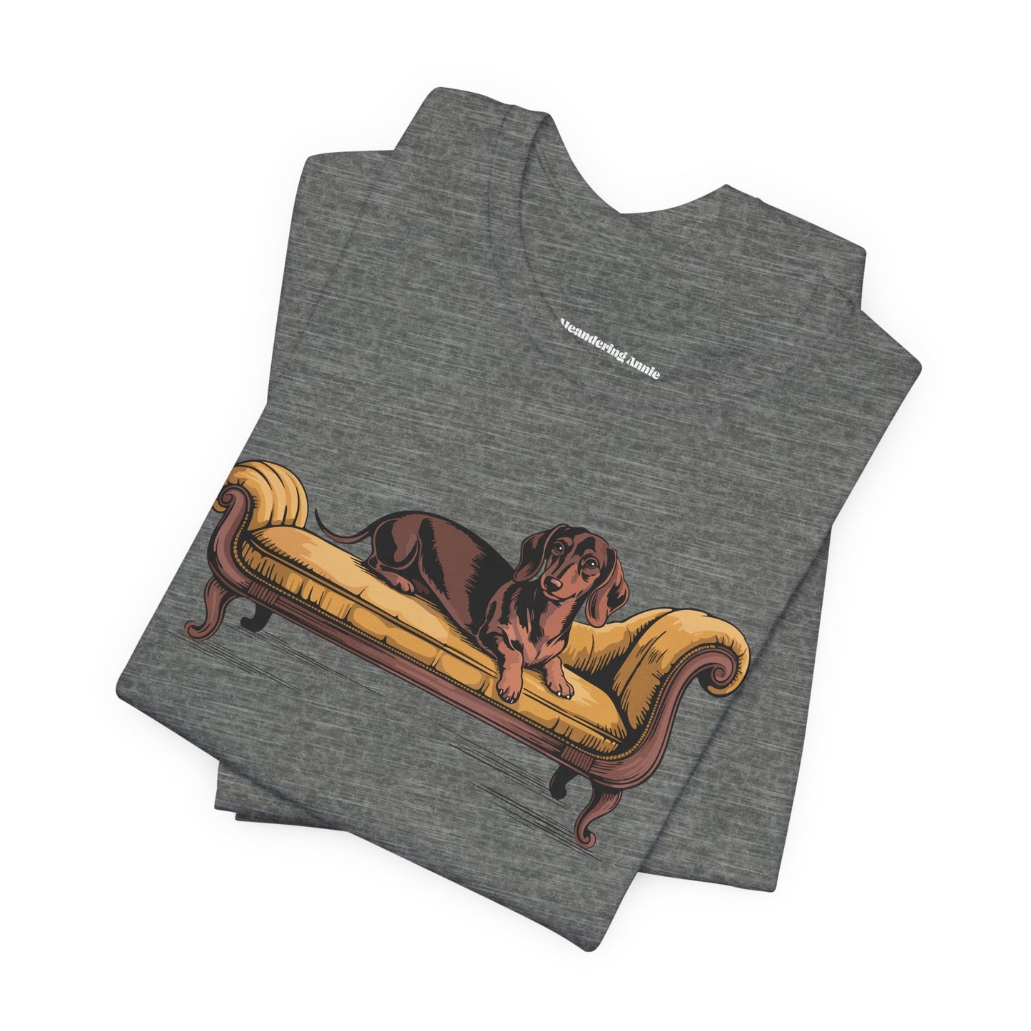 Dachshund Dog on Vintage Chaise Lounge T-Shirt | Wiener Dogs Sofa Illustration Short Sleeve Cotton Tee Shirts