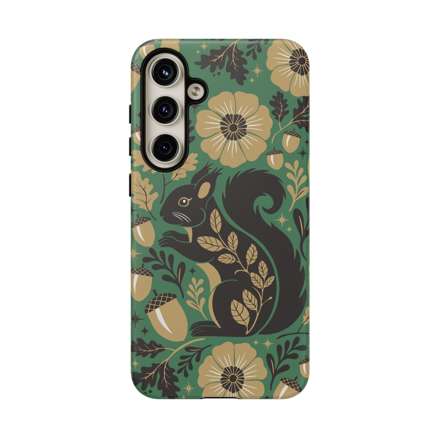 Green Squirrel Floral Pattern Cell Phone Case | Botanical Folk Art Acorn Leaves Design, Iphone Google Pixel Samsung Cases Matte Finish