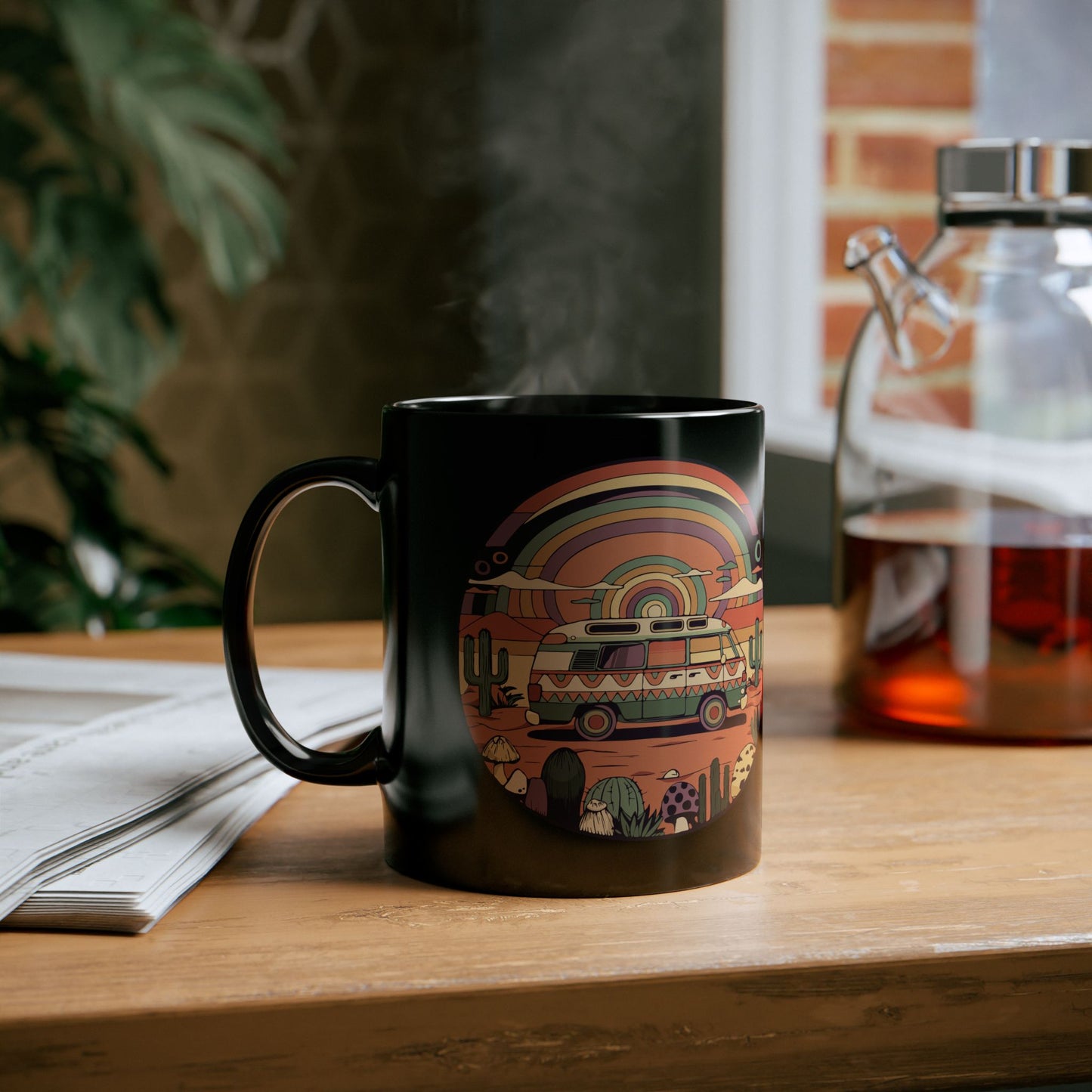 Roadtrippin' In The Desert Vanlife Nomad Vintage Camper Van Travel Black Coffee Tea Mug 11oz