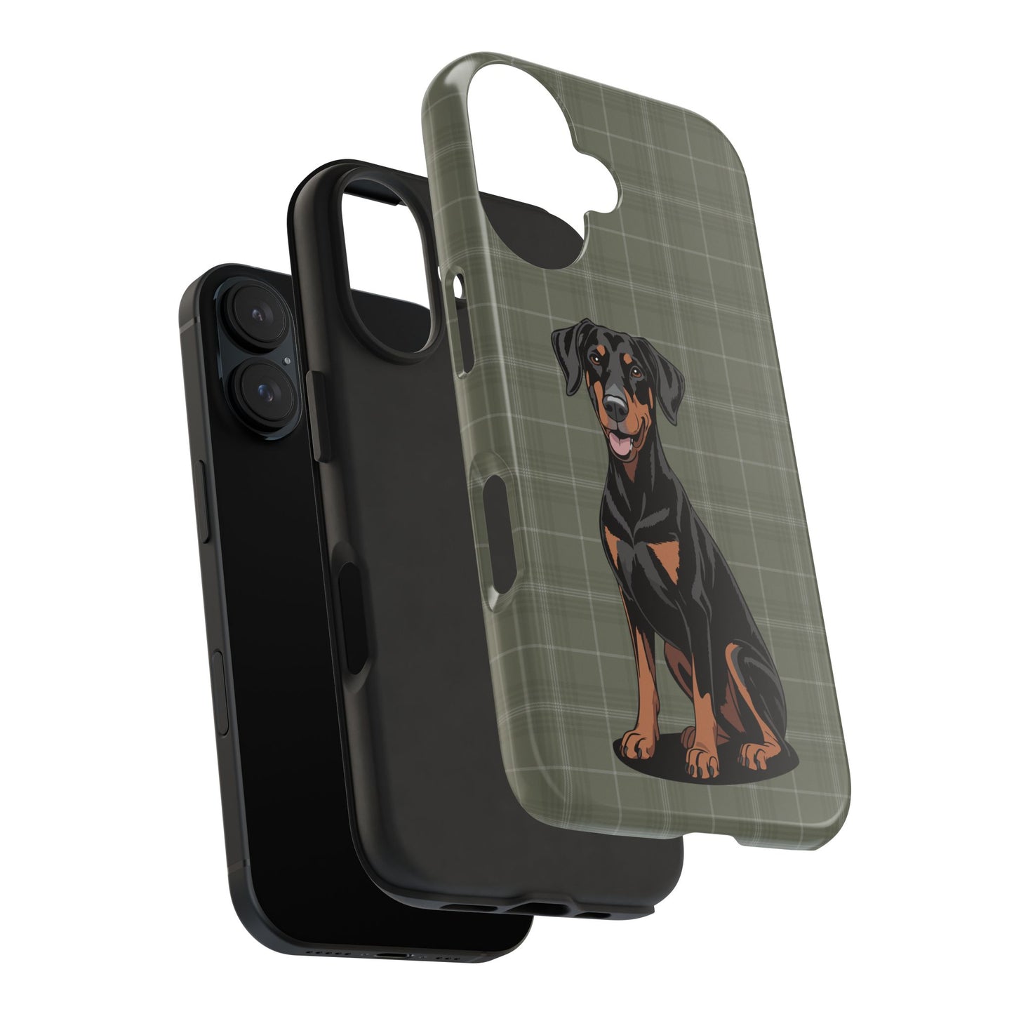 Doberman Pinscher Dog Phone Case, Tough Phone Cases Pet Dogs Green Plaid Pattern