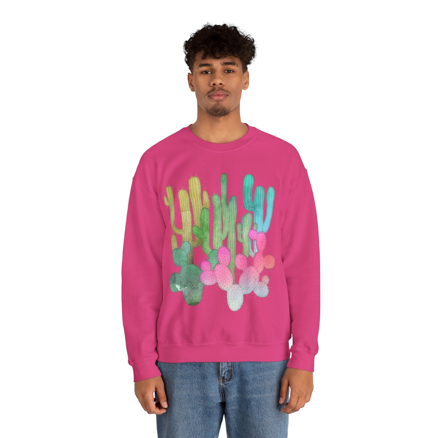 Cactus Garden Arizona Desert Crewneck Pullover Sweatshirt Colorful Saguaro Cactus Print