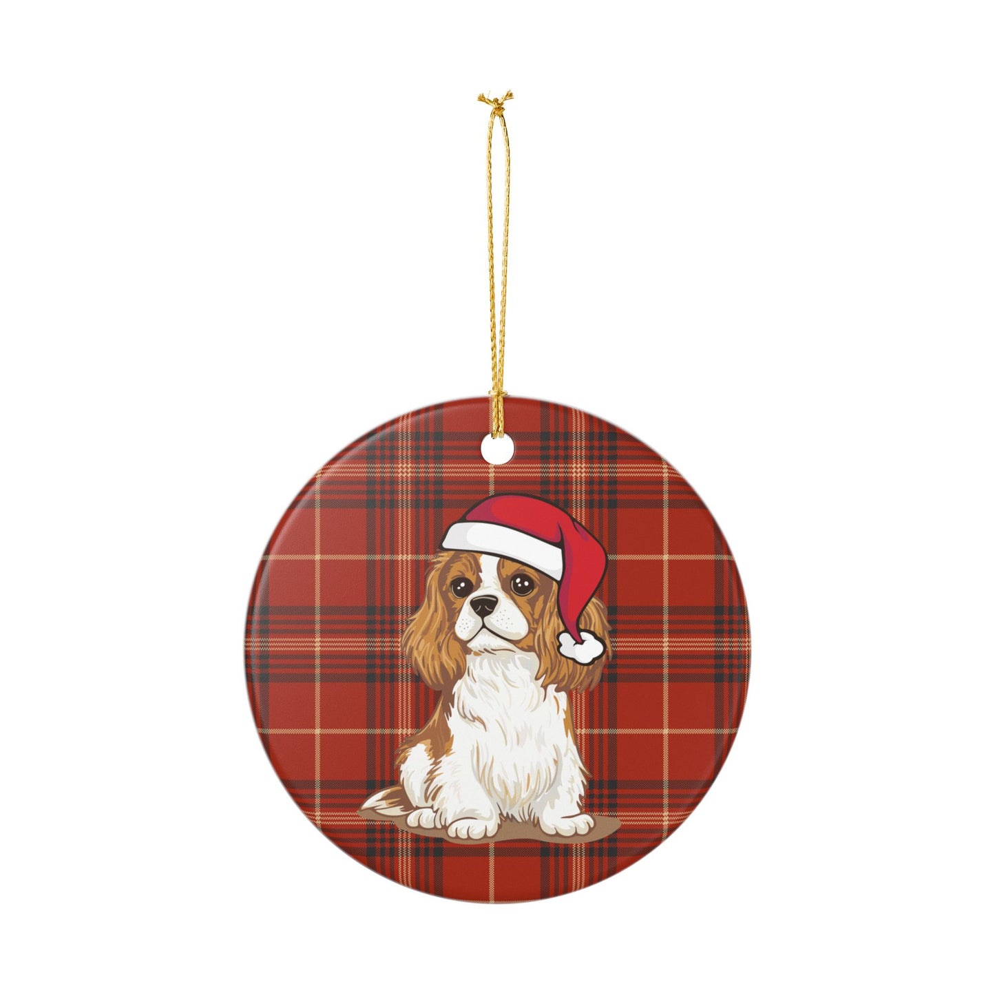 Cavalier King Charles Spaniel Dog Christmas Tree Ornament, Santa Dogs Holiday Decorations, Pet Lover Gift, Red Plaid Ceramic Ornaments