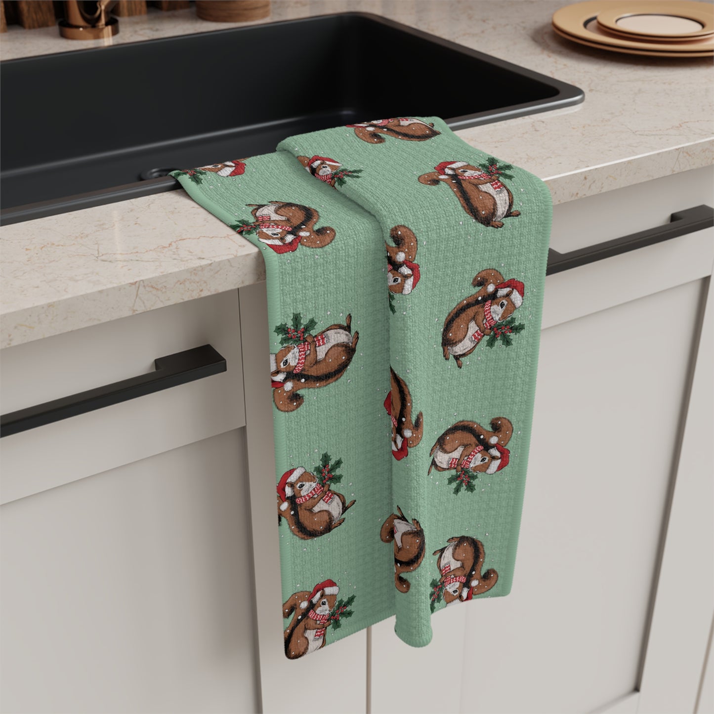 Christmas Squirrels Kitchen Hand Towel Microfiber Sage Green Holiday Tea Towel with Snowy Squirrel in Santa Hat Pattern