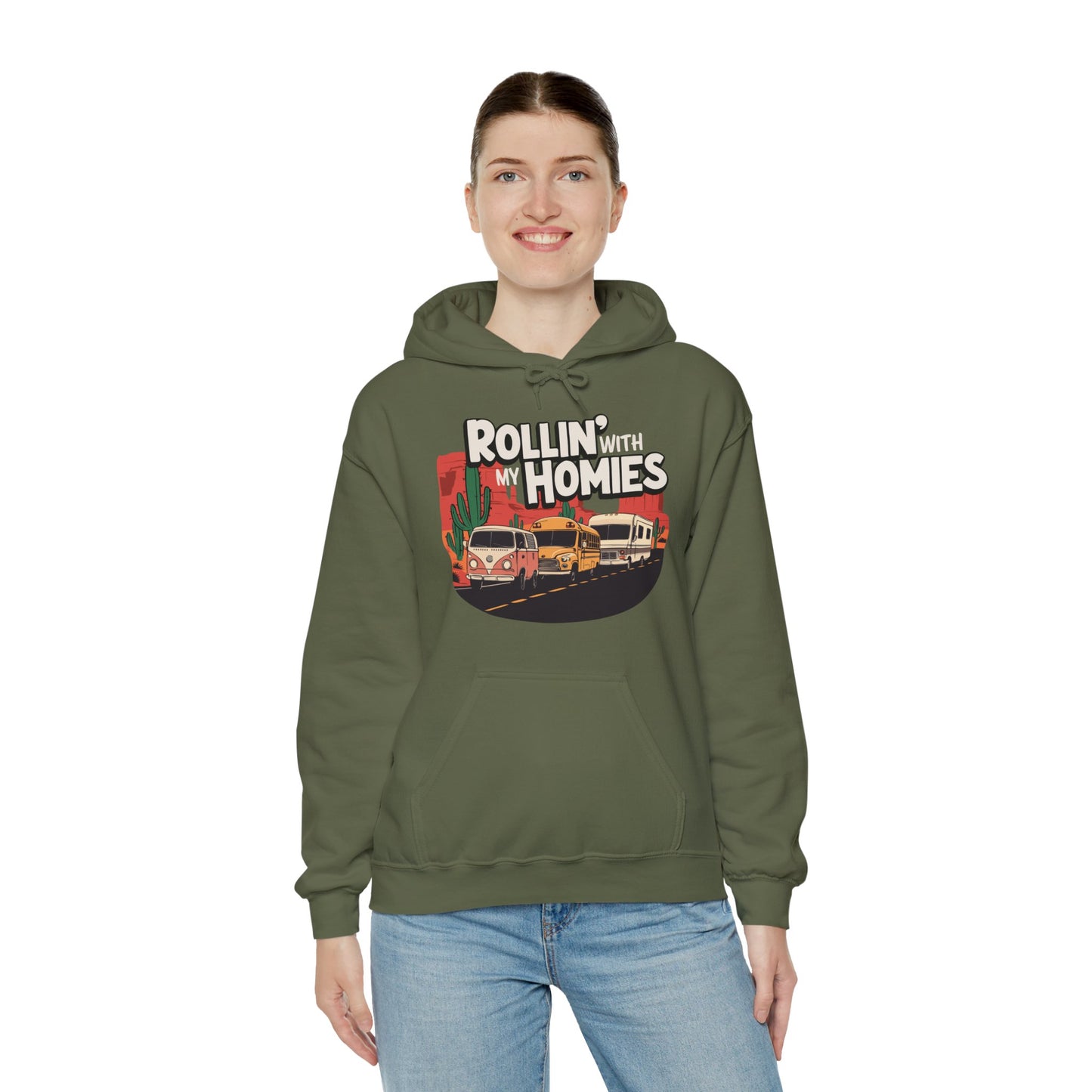 Rollin' With My Homies Hoodie Van Skoolie RV Vanlife Caravan in the Desert Black Long Sleeve Pullover Hoodies Hooded Sweatshirt