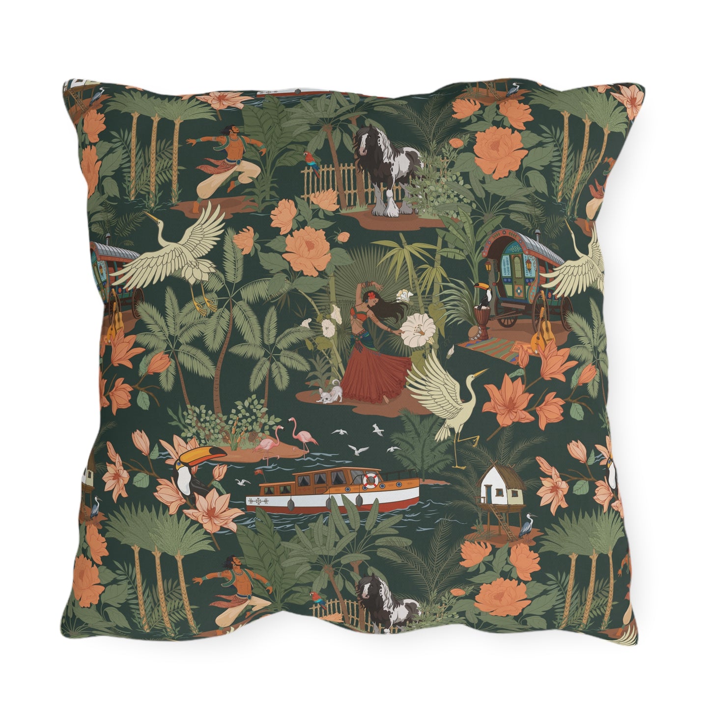 Tropical Nomad Jungle Scene Outdoor Pillows | Vintage Bird Boat Floral Pattern Patio Deck Throw Pillow