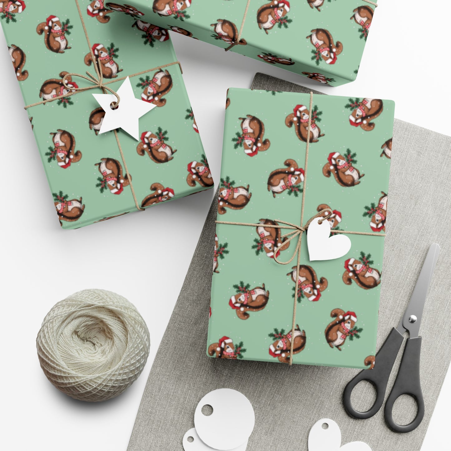 Squirrel Christmas Wrapping Paper, Festive Snowy Santa Squirrels Holiday Print, Sage Green Gift Wrap Xmas