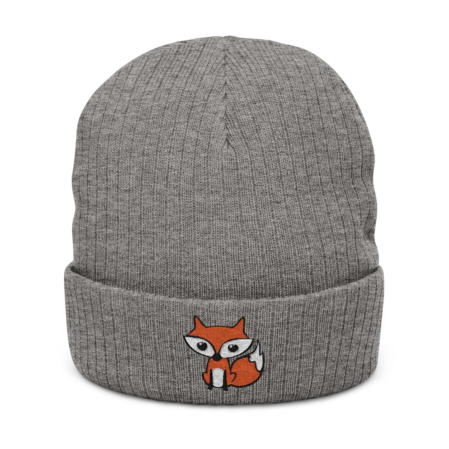 Embroidered Fox Ribbed Beanie | Knit Cuffed Hat Embroidery, Winter Headwear Accessories Foxes Beanies