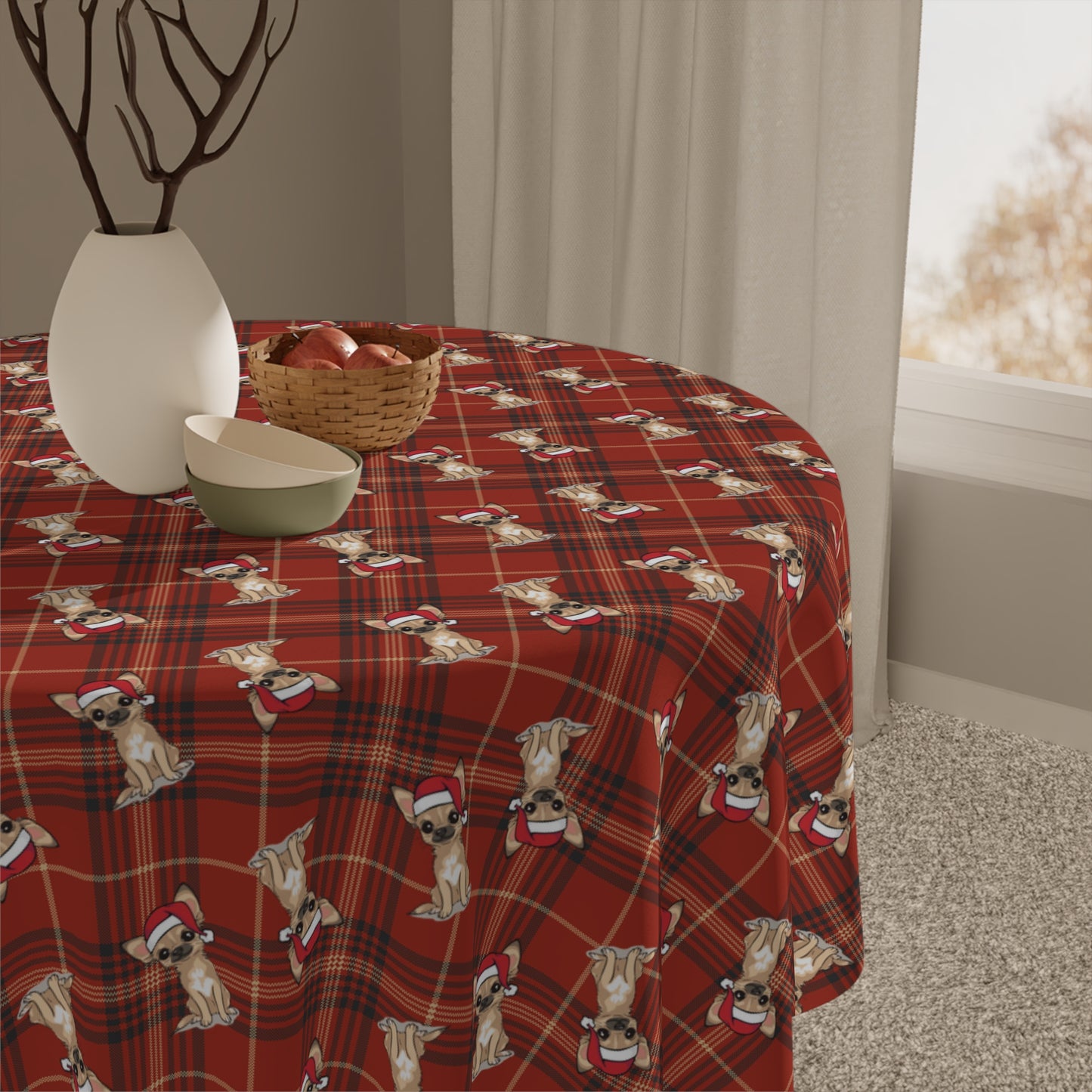 Christmas Chihuahua Puppy Dog Tablecloth, Plaid Holiday Santa Chihuahuas Dogs Table Cloth, Festive Home Decor, Winter Party Dining Setting