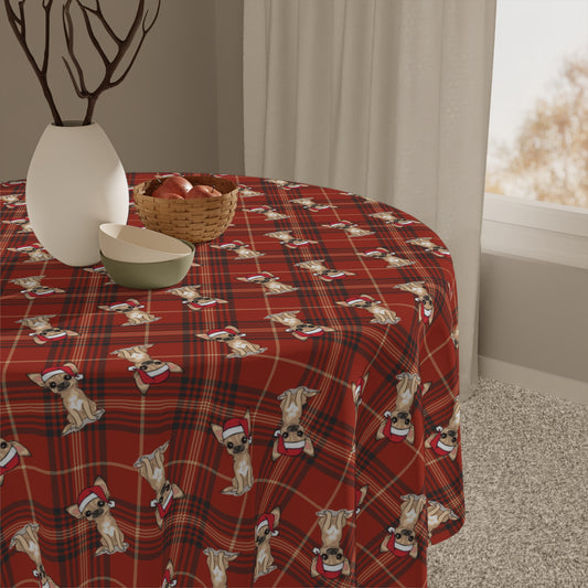 Christmas Chihuahua Puppy Dog Tablecloth, Plaid Holiday Santa Chihuahuas Dogs Table Cloth, Festive Home Decor, Winter Party Dining Setting