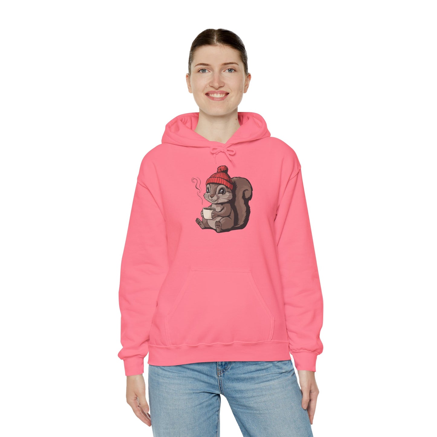 Cozy Squirrel  Pullover Hoodie Unisex Heavy Blend Hooded Sweatshirt with Squirrel in Beanie with Cup Of Coffee Graphic Print