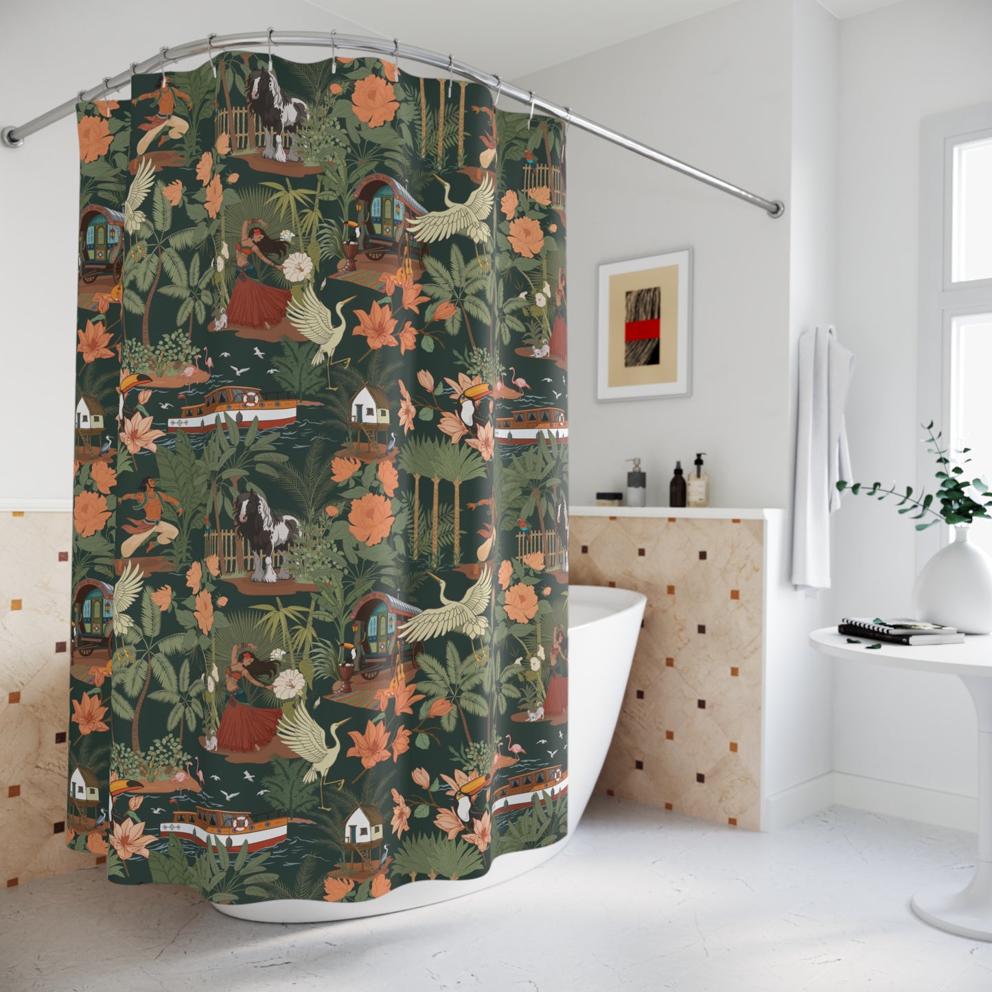 Tropical Nomad Jungle Birds Shower Curtain | Botanical Boat Floral Pattern Bathroom Decor 71"x74"