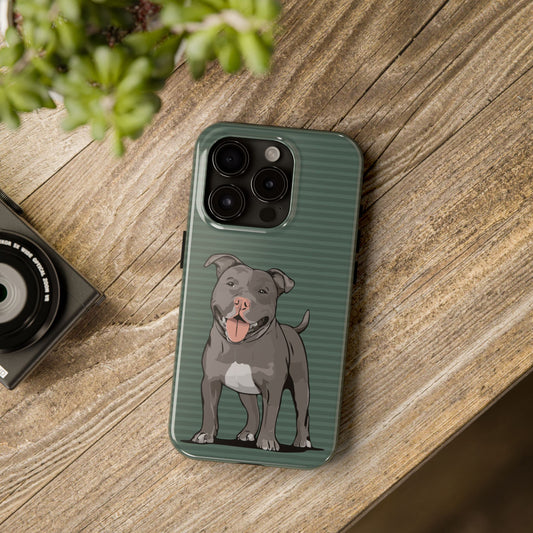 Gray Pit Bull Terrier Dog Phone Case, Tough Phone Cases Pet Pitbull Dogs Green Stripe Pattern
