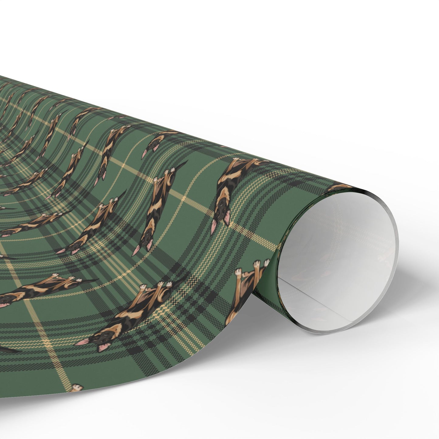 German Shepherd Dog Wrapping Paper, Green Plaid Dogs Print Gift Wrap Roll, Christmas Holiday Birthday Matte Wrapping Papers